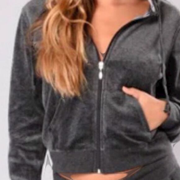 Fashion Nova dark gray long sleeve velour hoodie jacket - Picture 1 of 7